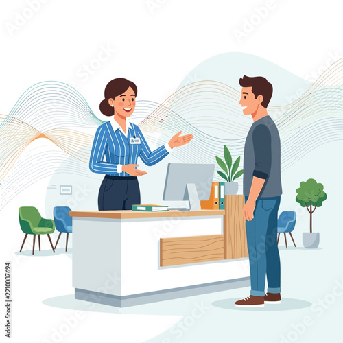 Receptionist and Client at Desk, Modern Office Interior with Waiting Area, Vector Illustration