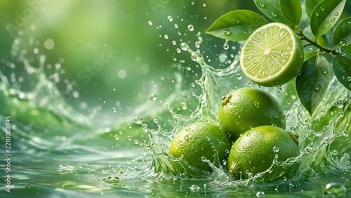 Fresh Green Limes Splashing in Water with Green Leaves
