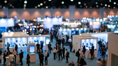 Crowd of business professionals networking at modern trade show with illuminated booths displaying technology equipment, attendees conversing in groups, digital signage screens