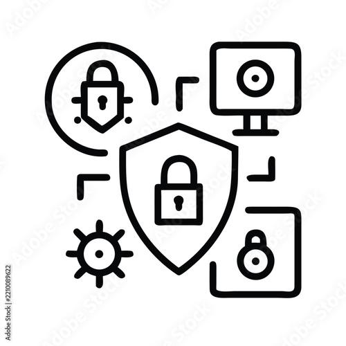 Cybersecurity shield with lock icons and devices