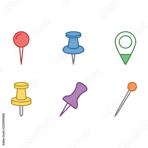 Colorful push pins and thumbtacks icons