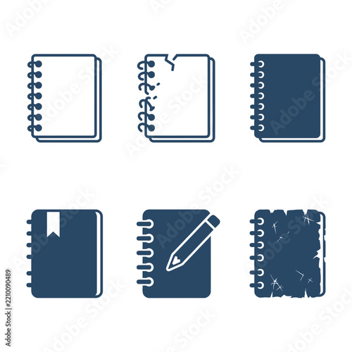 Spiral Notebook Icon Set with Pencil Bookmark and Torn Pages in Navy Blue Flat Design