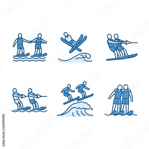 Water Skiing Activity Icons, Blue Line Art Set, Wakeboarding and Surfing Symbols