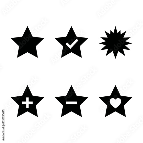 Set of Black Star Icons with Checkmark, Plus, Minus, Heart and Sparkle Symbols