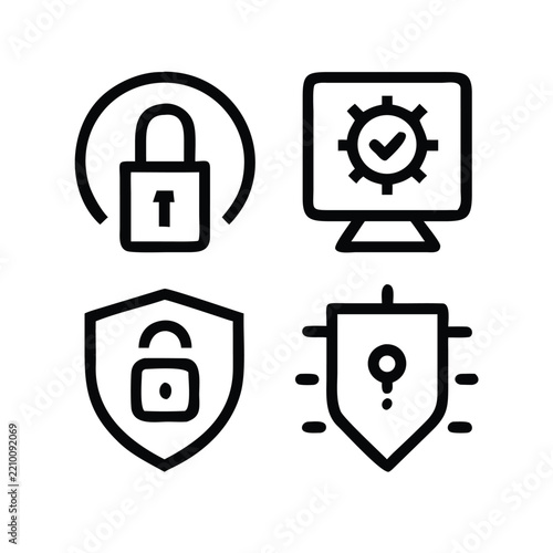 Four security and tech icons in shields and a circle