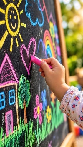 Child drawing colorful pictures on a chalkboard with chalk for creative learning