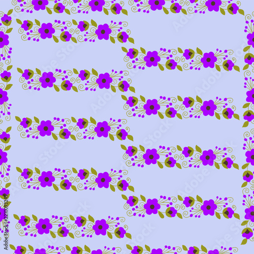 Seamless Pattern with Purple Flower Swirl Borders on Light Blue Background
