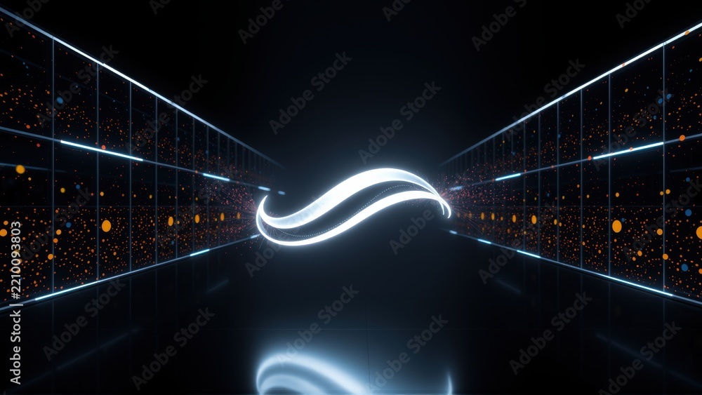 Fototapeta premium Dark tunnel with glowing lines, reflective floor. Bright white wave shape dominates center space, creating futuristic feel.