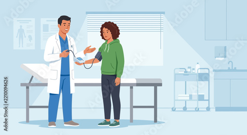 Doctor checks patient's blood pressure in medical examination room, vector illustration