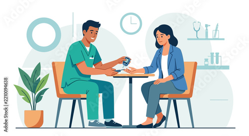 Doctor checks patient's blood sugar level using glucose meter for diabetes management in a modern clinic.