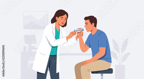 Doctor checks patient's lung capacity with a spirometer in a modern clinic setting, vector illustration.