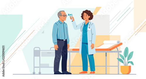 Doctor checks patient's temperature with infrared thermometer in clinic exam room, medical illustration