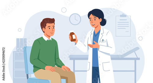 Doctor Consultation: Female Physician Advising Patient with Medication Bottle in Medical Office