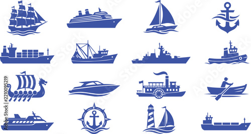 Maritime Ships and Nautical Icons Elements Set