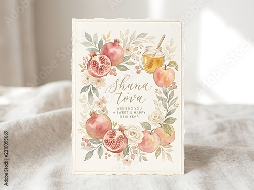 Rosh Hashanah greeting card with watercolor pomegranate honey and apples