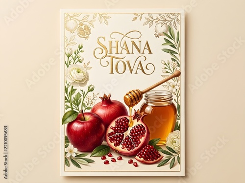 Elegant Shana Tova greeting card design with honey, apple and pomegranate