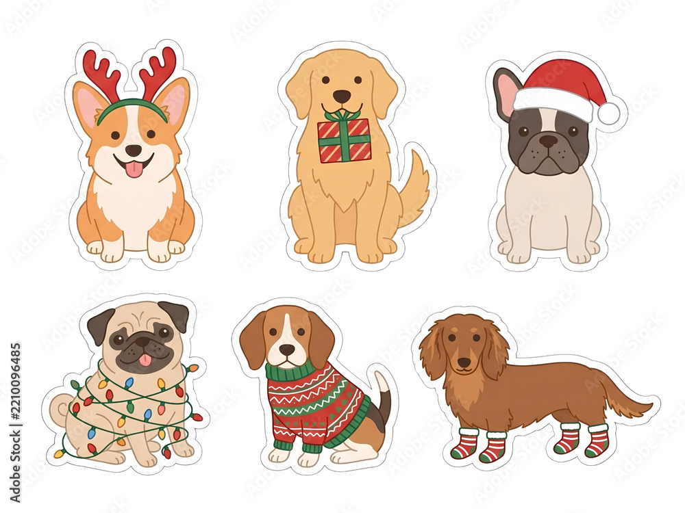 Fototapeta premium Cute dog breeds wearing cozy winter Christmas sweaters and hats sticker set
