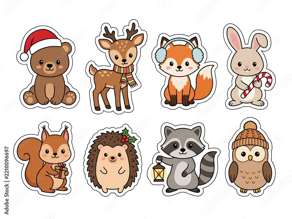 Fototapeta premium Cute woodland forest animals wearing Santa hats sticker collection