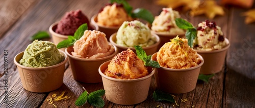 Assorted Italian sorbet ice cream flavors in textured paper cups arranged in symmetrical rows on rustic wooden table, garnished with fresh mint sprigs and citrus zest
