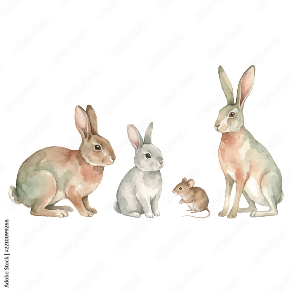 Obraz premium Watercolor meadow animals set with rabbit and bunny sitting plus field mouse and hare hand painted vector illustration in muted sage green and terracotta on white background