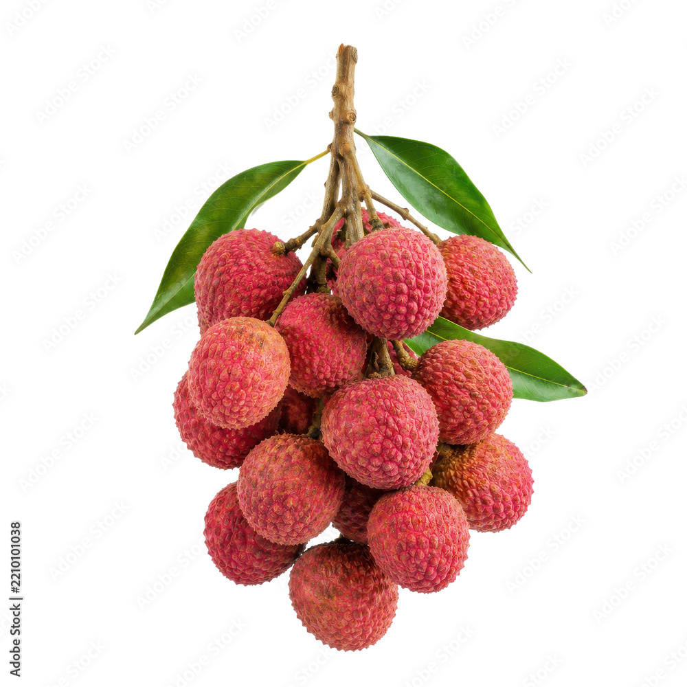 Naklejka premium Vibrant cluster of fresh red lychee fruits with green leaves hangs from a branch, isolated on a clean white background