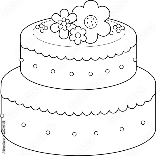 Sweet cream cake with flowers. Baked cake decorated with blossoms, birthday cake and wedding dessert with pearls and candy. Bakery food. Vector black and white coloring page