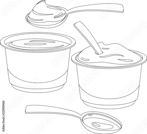 Yogurt containers with spoons. Breakfast protein snack packaging design. Healthy milk cream white yogurt dairy set in bowls. Vector black and white coloring page