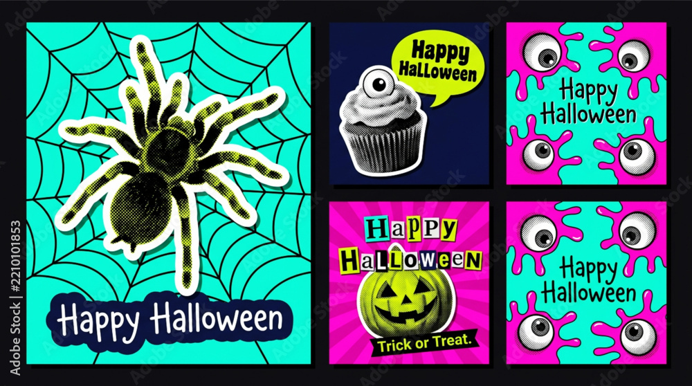 Fototapeta premium Neon pink Halloween vector banner set featuring bright magenta slime and retro halftone icons on a dark matte background.