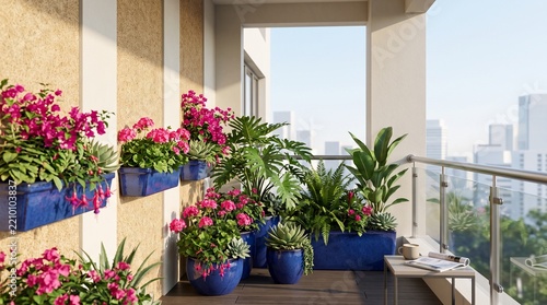 Balcony Garden with Pink Flowers and Green Foliage on Modern Urban Balcony