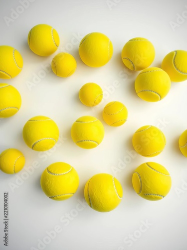 Tennis balls scattered evenly across a crisp white surface, ||white, balls