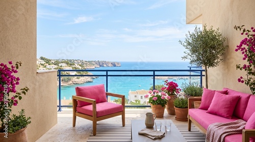 Balcony with Pink Cushioned Chairs and Ocean View in Sunny Coastal Setting
