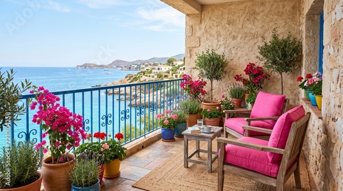 Cozy Balcony with Pink Chair and Potted Flowers Overlooking Ocean and Coastal Landscape