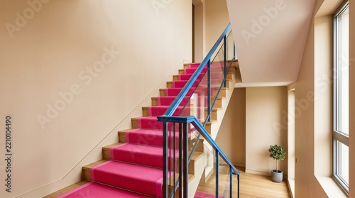 Modern Indoor Staircase with Pink Carpeted Steps and Blue Handrail in Bright Natural Light