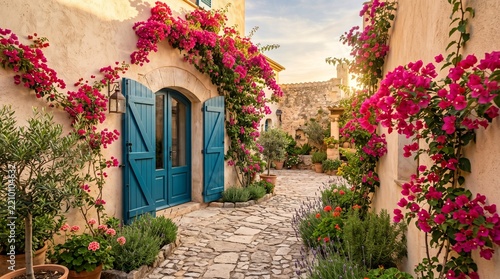 Charming Mediterranean Courtyard with Blue Shutters and Pink Bougainvillea in Sunset Light