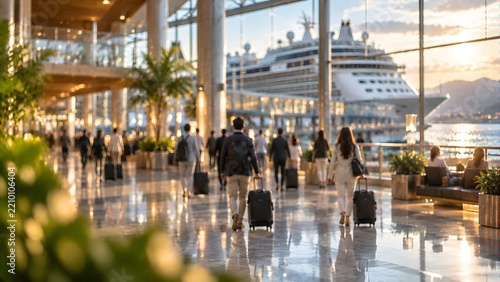 Travelers with luggage walking toward cruise ships in modern airport