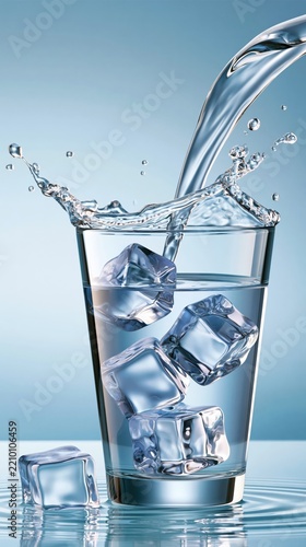 Water pouring into glass with ice cubes causing splash