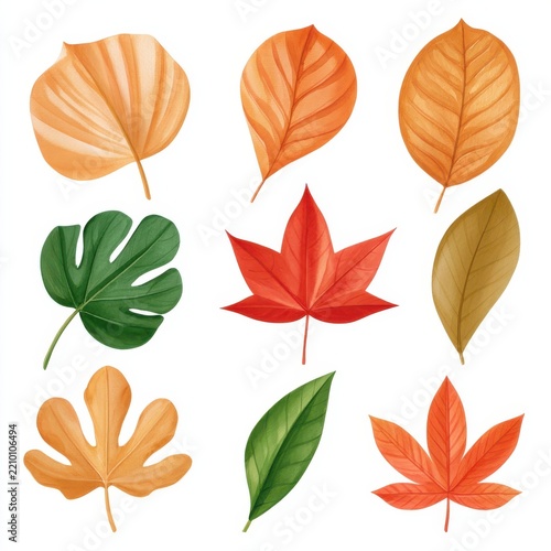 Watercolour illustration set of individual autumn leaves on white background