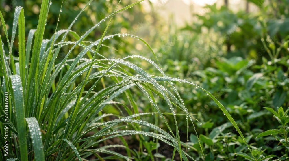 Fototapeta premium Dew drops on lush green grass blades early morning light natural garden background freshness and growth concept