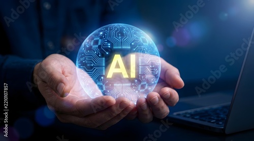 Hands holding a glowing orb displaying the letters ai with a futuristic background