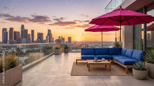 Modern Rooftop Terrace with Blue Sofa Pink Umbrellas and City Skyline Sunset View