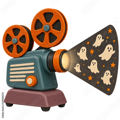 Old projector casting a cone filled with tiny ghost silhouettes an...