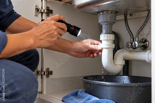 Plumber inspecting leaking pipe under kitchen sink