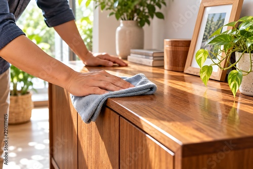 Person cleaning wooden furniture with blue cloth