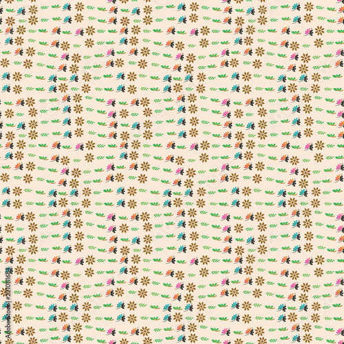 Seamless pattern of stylized flowers, butterflies, and leaves