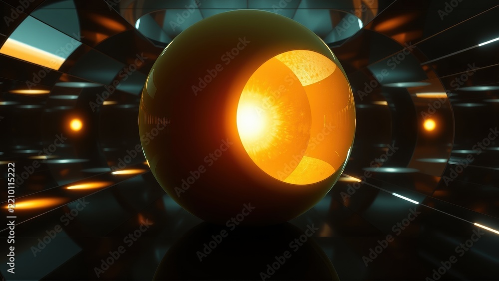 Fototapeta premium Glowing sphere dominates dark space. Reflections suggest futuristic tunnel, intense light source within. Dramatic illumination creates depth.