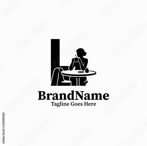 Cafe Woman Drinking Coffee Vector Logo — Black Image Relaxation & Break Graphic Isolated on White Background