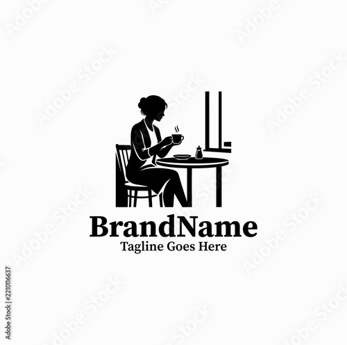 Black Image Vector Logo Woman Drinking Coffee At Table — Cafe Lifestyle Emblem Isolated on White Background