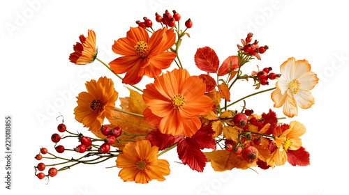 Vibrant orange cosmos flowers with autumn leaves and red rose hips bouquet