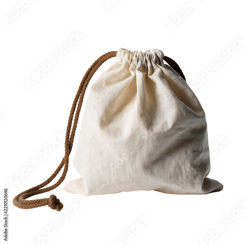 Empty cotton drawstring pouch isolated on a transparent background