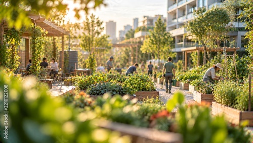 People gardening in urban community space with lush greenery and open
